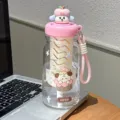 Cute puppy plastic water bottle, pink variant with tea strainer and portable strap for summer. - BSQ-301 Pink