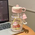 Pink portable cute straw water bottle with cartoon dog design for summer daily use. - 600ml / Pink (BSQ-309)