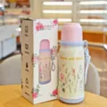 Chic floral insulated water bottle 500ml portable stainless steel vacuum flask with cup lid. - 500ml / White Floral Style (YSM8753-500)