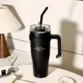 Stainless steel large capacity tumbler with handle straw ins style portable water cup - Black