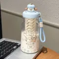 Cute puppy plastic water bottle with straw, tea infuser, and portable strap for summer. - BSQ-301 Blue