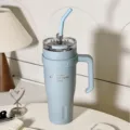 Large capacity stainless steel tumbler with handle and straw in blue color for daily use. - Blue