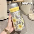 borraccia termica in acciaio inox da 600ml con fantasia floreale e anello in silicone - 600ml / Giallo (600ml)