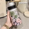 Borraccia termica in titanio da 600 ml con motivo floreale thermos sottovuoto per donne - 600ml / Nero (600ml)