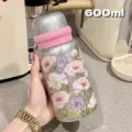 Borraccia isolata sottovuoto in acciaio inossidabile 600ml con grazioso design floreale. - 600ml / Rosa (600ml)
