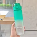 Green gradient frosted plastic water bottle detail shot showing 650ml capacity and press lid. - 500ml / Green