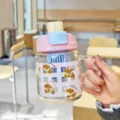 Glass straw water cup with handle cute cartoon dog pattern portable household drinkware - 650ml / Pale Blue