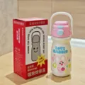 Cartoon portable stainless steel vacuum insulated water bottle with cute rabbit design and strap. - Pink Lid (BWB6140)