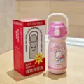 Cute cartoon insulated water bottle with strap for kids and students, stainless steel vacuum flask. - Pink (BWB6145)