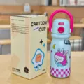 Children stainless steel insulated water bottle with cute cartoon design and portable handle. - Blue (LB)