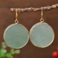 Round natural green stone drop earrings with gold plated edge, elegant jewelry for women. - Round / Green Aventurine