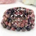 Natuurlijke steen kraal armband set voor vrouwen, gelaagde roze kristal elastische sieraden. - Rhodoniet met zwarte lijnen