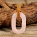 Rose quartz oval ring pendant necklace with brown suede cord boho style jewelry item. - Rose Quartz