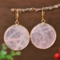 Round natural stone gold rimmed earrings, elegant pink quartz drop jewelry for women daily wear. - Round / Rose Quartz