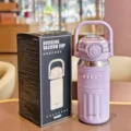 Stainless steel vacuum insulated water bottle with straw and handle for outdoor sports use - Model BW2091 / 450ml / Purple
