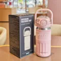 Pink stainless steel vacuum insulated water cup with straw, handle and packaging box. - Model BW2091 / 450ml / Pink