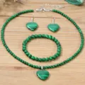 Green malachite beaded necklace with heart pendant elastic bracelet and drop earrings set. - Malachite Set