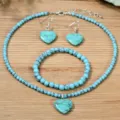 Turquoise heart necklace bracelet earrings set vintage beaded jewelry gift for women daily wear - Blue Line Turquoise Set