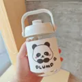 Portable glass water bottle with cute panda leather sleeve, white handle and straw. - 500ml / BSQ-774 Shy Panda