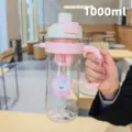 Große rosa Trinkflasche mit Strohhalm und Tee-Einsatz sowie süßem Welpen-Design 1000ml - 800ML / BSQ-213 Stil / Rosa