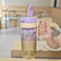 Moderne Farbverlauf Trinkflasche mit Strohhalm und Griff, grosse Kunststoff Becher. - 1160ml / XBD-8048 Verlauf Lila
