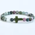 Indian Agate Stone Beaded Cross Bracelet Multi-color Natural Gemstone Stretch Jewelry SKU - India Agate