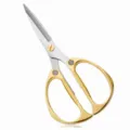 Gold handle kitchen scissors detail close up view of stainless steel multi-functional tool - Gold