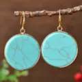 Elegant round turquoise gold-rimmed dangle earrings for women, stylish lightweight luxury jewelry. - Round / Blue Turquoise