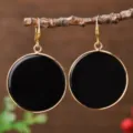 Gold rimmed round black natural stone earrings, elegant drop earrings for women. - Round / Obsidian