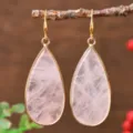 Natural rose quartz teardrop earrings with gold bezel setting, elegant drop jewelry for women. - Teardrop / Rose Quartz