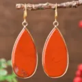 Gold plated teardrop red stone dangle earrings, elegant natural gemstone jewelry for women. - Teardrop / Red Jasper