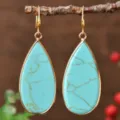 Teardrop turquoise earrings with gold-plated edge, elegant gemstone drop jewelry. - Teardrop / Blue Turquoise