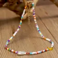 Collana girocollo perline colorate stile dopamina con perla e occhio malocchio da donna - Stile Perline Colorate Con Perla E Malocchio Giallo (N2486-Y02)