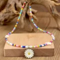 Collana di Perline Colorate con Ciondolo Margherita Stile Bohemien Girocollo Variante - Stile Perline Colorate Con Ciondolo Margherita E Stella (N2506)