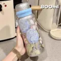 Grande borraccia termica sottovuoto in acciaio inossidabile, glitter argento floreale, 800ml. - 800ML / Blu (800ml)