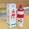 Stainless steel double drink vacuum insulated water bottle 600ml with cute cherry pattern. - 600ml / Red