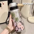 Bottiglia d'acqua termica in acciaio inox da 800ml con rivestimento in titanio e fiori - 800ML / Nero (800ml)