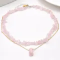 Double layer natural pink crystal chip necklace with crystal hexagonal pendant for women. - Rose Quartz Set