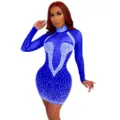 Elegantes königsblaues Mesh-Kleid mit funkelnden Strasssteinen und langen Ärmeln Detail. - S / Blau