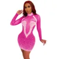 Sexy Strass Mesh Langarm Mini Kleid für Damen Nachtclub Party elegante Outfits Mode - S / Rosa