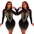 Modisches Damen Langarm Mesh Strass Club Kleid Schwarzes Bodycon Mini Partykleid - S / Schwarz