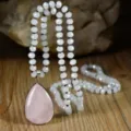Bohemian natural pink crystal teardrop pendant long beaded sweater chain necklace variant - Rose Quartz