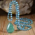 Long bohemian teardrop green stone pendant necklace with light blue faceted crystal beaded chain. - Green Aventurine