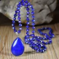 Bohemian teardrop blue natural stone pendant necklace long crystal knotted sweater chain - Lapis Lazuli