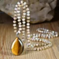 Bohemian teardrop natural stone pendant long beaded sweater chain necklace for women - Tiger's Eye