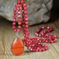 Bohemian long crystal beaded sweater chain with teardrop natural stone pendant for women. - Red Agate
