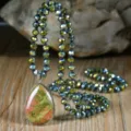Bohemian natural stone teardrop pendant necklace long crystal sweater chain for women - Unakite