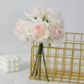 Artificial rose bouquet 5-head faux floral arrangement for home decor wedding table. - Pink Bouquet with White Edges