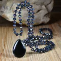 Bohemian teardrop black stone pendant long crystal beaded sweater chain necklace for women - Black Stone