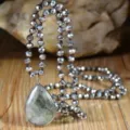 Bohemian Natural Stone Teardrop Pendant Necklace Long Knotted Sweater Chain for Women - Flash Stone (Labradorite)